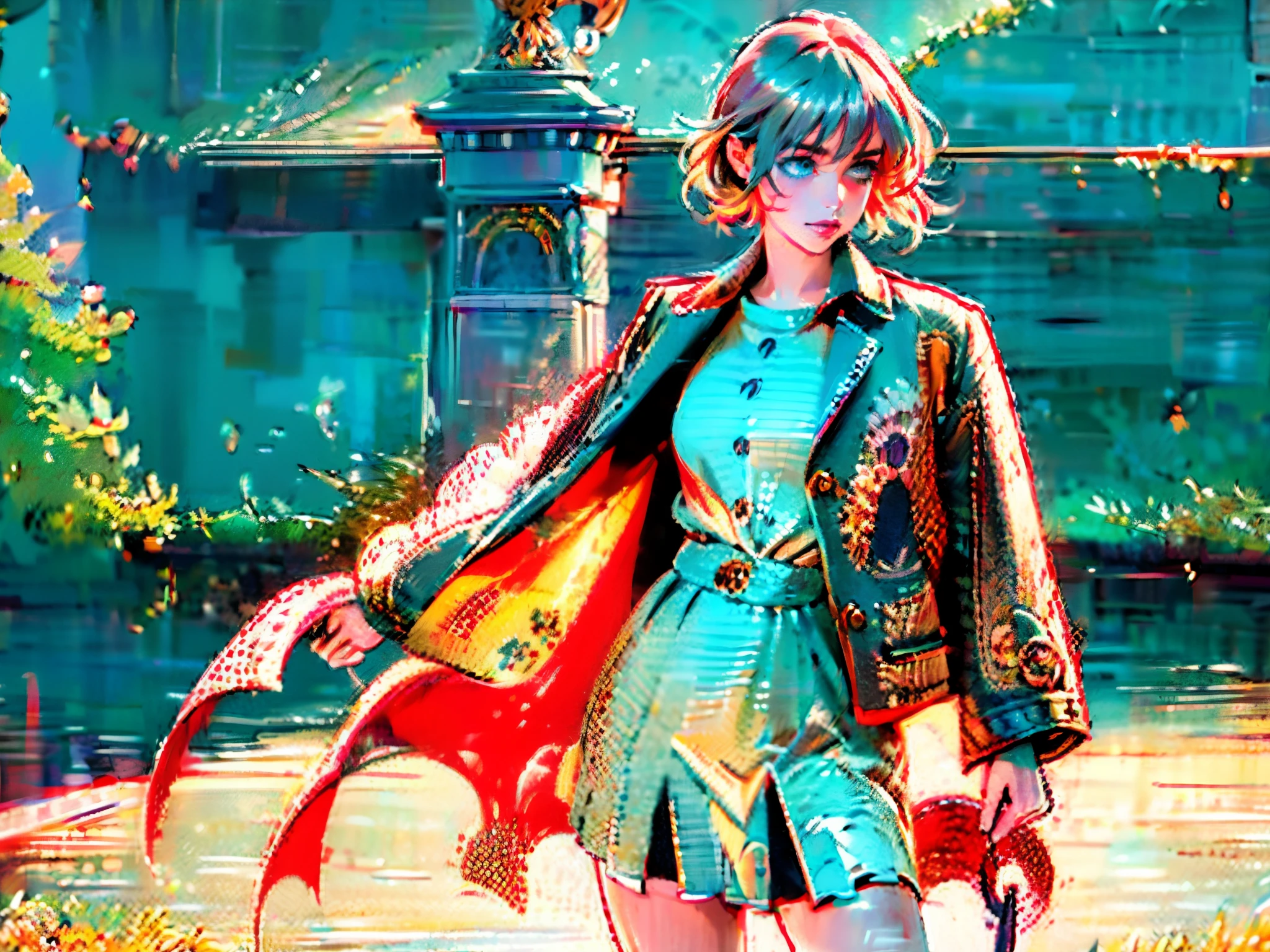 A girl with short gray hair, bright eyes, a cheerful smile, a joyful expression, a slender figure, a two-piece fantasy-realistic style jacket, short skirt that matching the outfit, barefoot, she happily leaps in front of a fantasy-style ancient ritual building, bright and soft color, this character embodies a finely crafted fantasy-realistic style girl in anime style, exquisite and mature manga art style, high definition, best quality, highres, ultra-detailed, ultra-fine painting, extremely delicate, professional, anatomically correct, symmetrical face, extremely detailed eyes and face, high quality eyes, creativity, RAW photo, UHD, 8k, Natural light, cinematic lighting, masterpiece-anatomy-perfect, masterpiece:1.5