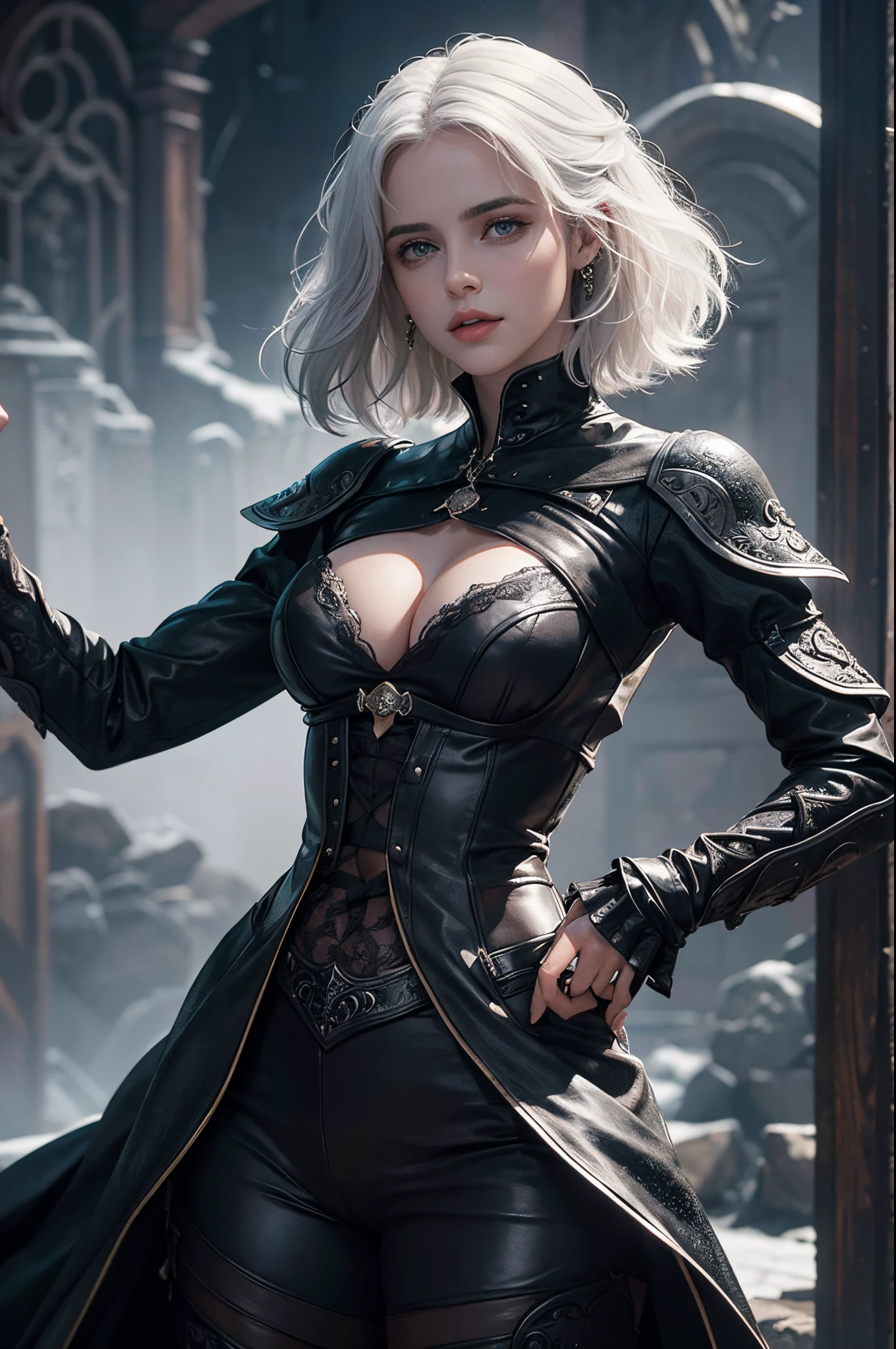Mulher que lembra a Ciri de The Wicther, com longos cabelos brancos e olhos azuis brilhantes, she's wearing a black suit, seus cabelos chicoteando seu rosto com o vento