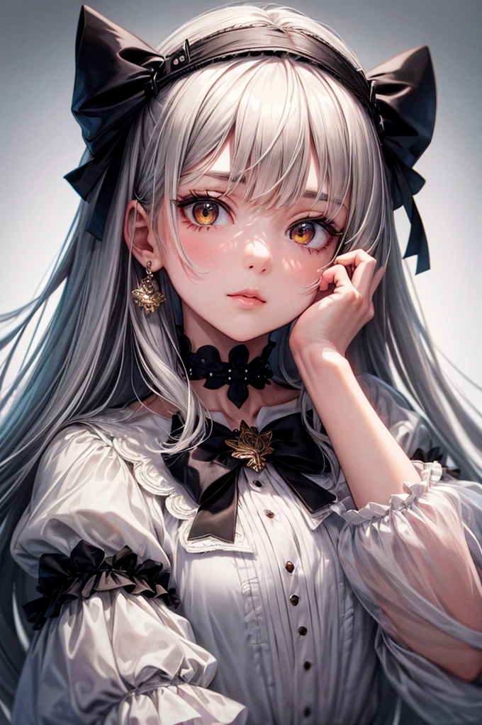Cute, Ultra-detailed, Illustration, Convoluted, Detailed, Extremely detailed, Detailed face, Soft lighting, Soft light, Soft Focus, Perfect face, Beautiful, accurate anatomy, Overexposure, 8K, 4K, (hight resolution:1.1), Best Quality, (masutepiece:1.3), 1girl in, Solo, Jewelry, Brown eyes, Looking at Viewer, earrings, Grey Hair, Bangs, Choker, Closed mouth, Portrait, Watch, Hair Ornament, Simple background, greybackground, Long hair, head rest, Lips, Hair Bow, Black Choker, Bow, Eyelashes