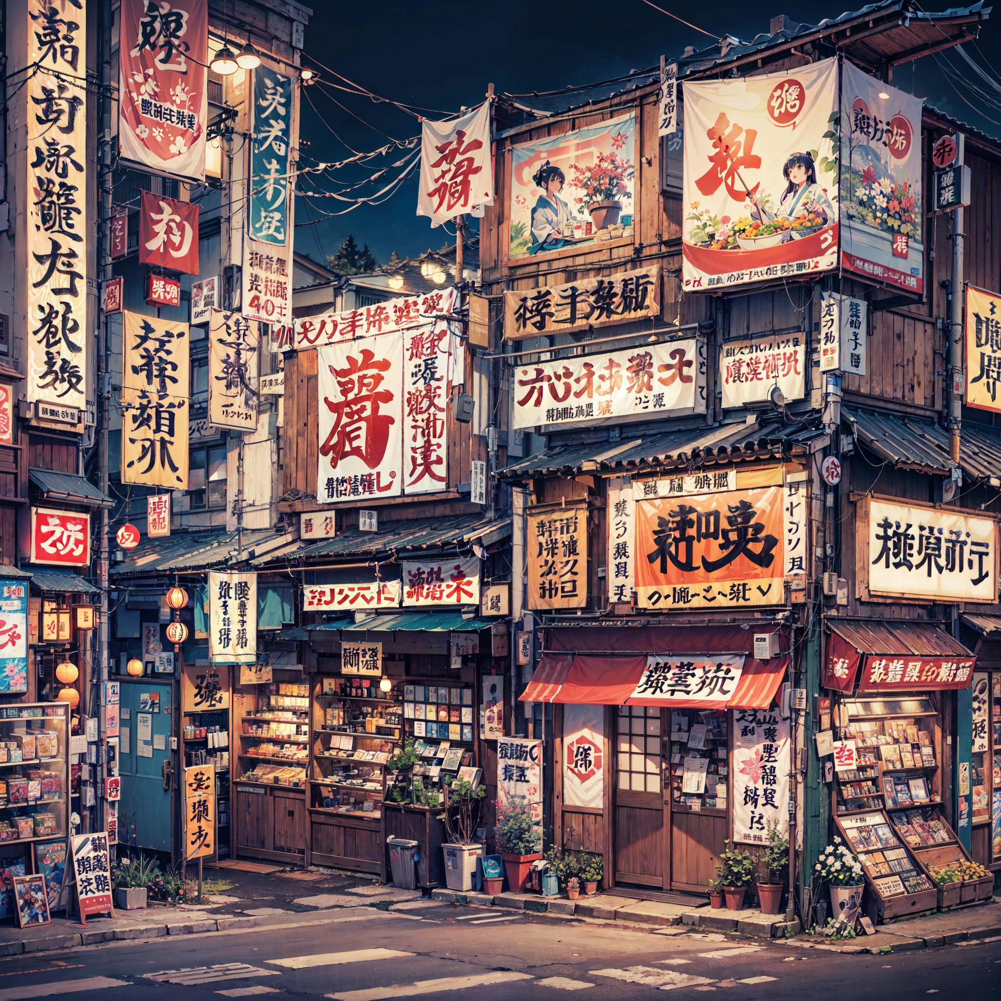 anime background, anime wallpaper, best quality, anime, anime style, anime vibe, anime scene, retro tokyo shop, 80s style japanese retro shop, shop on the side of a road where the road is overlooking the city, japan, nighttime, night time, night, dark, scene lit up from the shop, big retro japanese shop signs, japanese shop banners, japanese billboards, japanese shop signs, japanese signs, japanese banners, banners, plant pots, trash cans, air vents, gutters, telephone wires, wires, cables, air ventilation systems, (no one: 1), no one in sight, empty scene