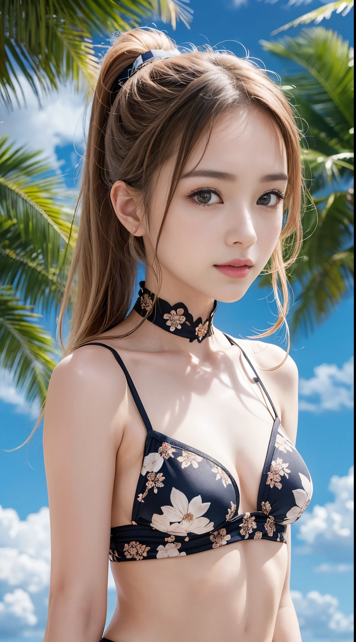 ((top-quality、Top image quality、超A high resolution))、years、独奏、((small tits:1.7))、flat breast、small tit、A smile、with round face、Golden hair、Short ponytail、childlike 、Ultra-detailed and beautiful skin、Realistic and beautiful skin、Sandy beach and blue sky on background、maikurobikini, delicate and beautiful face、Young models