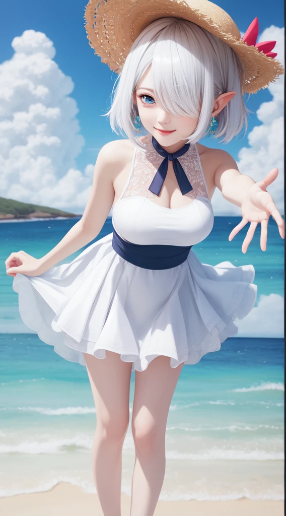 anime girl with white hair and blue dress posing in water, loli in dress, white haired deity, small curvy loli, top rated on pixiv, rem rezero, splash art anime loli, pixiv 3dcg, cute anime waifu in a nice dress, at pixiv, zerochan art, seductive anime girl