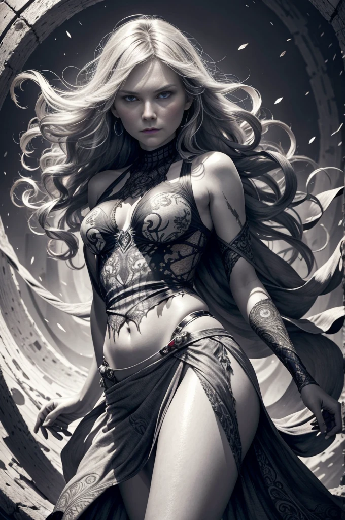 "Kirsten Dunst, showing her belly button, In New York, wearing a torn spiderman suit, Wearing a skirt, abstract photorealistic, artistic, Alphonse Mucha&#39;Masterpieces of painting, Best Quality, High resolution:1.4), Detailed, Intricate details, 4K, color splashes, line-drawing, Fibonacci, hight resolution, Vibrant colors, with fantasy background, Female features&#39;Flowing hair and dramatic light rays.."