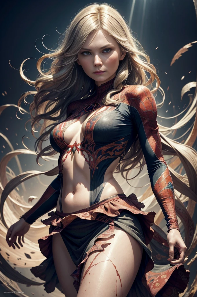 "Kirsten Dunst, showing her belly button, In New York, wearing a torn spiderman suit, Wearing a skirt, abstract photorealistic, artistic, Alphonse Mucha'Masterpieces of painting, Best Quality, High resolution:1.4), Detailed, Intricate details, 4K, color splashes, line-drawing, Fibonacci, hight resolution, Vibrant colors, with fantasy background, Female features'Flowing hair and dramatic light rays.."