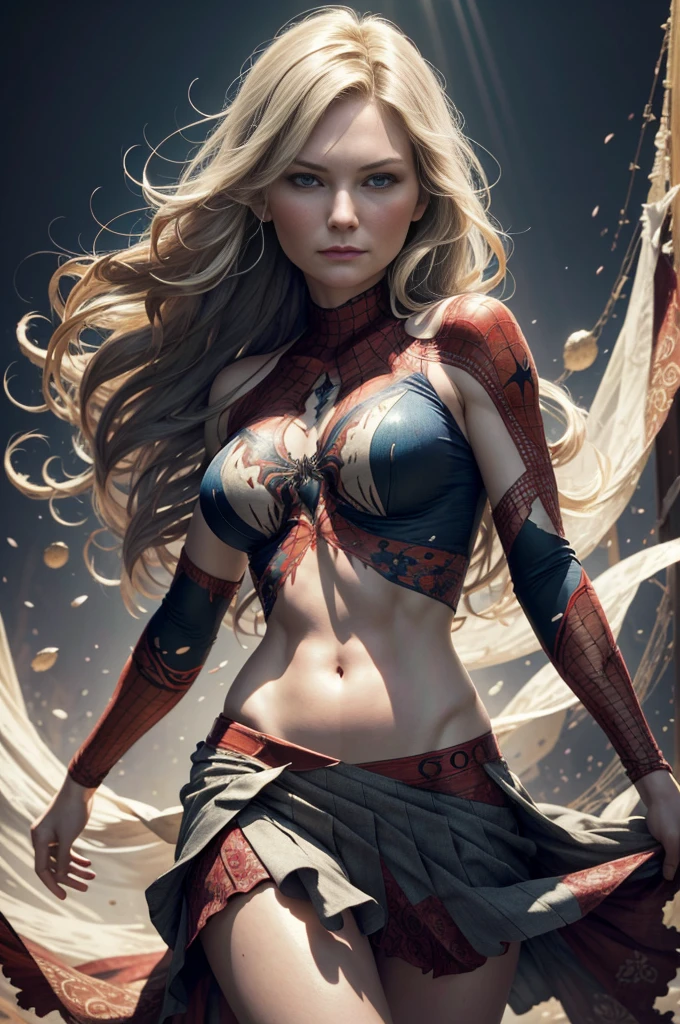 "Kirsten Dunst, showing her belly button, In New York, wearing a torn spiderman suit, Wearing a skirt, abstract photorealistic, artistic, Alphonse Mucha'Masterpieces of painting, Best Quality, High resolution:1.4), Detailed, Intricate details, 4K, color splashes, line-drawing, Fibonacci, hight resolution, Vibrant colors, with fantasy background, Female features'Flowing hair and dramatic light rays.."