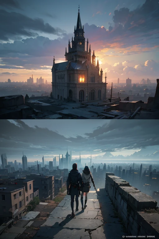 (best quality,4k,8k,highres,masterpiece:1.2),ultra-detailed,(realistic,photorealistic,photo-realistic:1.37),anime,landscape,adventurous,evening,ruined cityscape,explorers walking on the street,anime movie screenshot,dystopian city ruins background,post-apocalyptic,adventure,anime art style,detailed characters,beautifully drawn characters,twilight scenery,mysterious atmosphere,dark tones,crumbling buildings,scattered debris,desolate landscape,cinematic composition,moody lighting,emotional storytelling,visual storytelling,vivid colors,profound contrast,harsh shadows,ethereal sky,cityscape in ruins,mixture of nature and decay,mysterious ambiance,atmospheric perspective, exploration,hazy atmosphere,majestic ruins,abandoned streets,captivating scenery,a group of adventurers,two explorers,prominent facial expressions,focused gazes,dynamic poses,action-packed,futuristic elements,evocative setting,engaging storytelling,compelling narrative,authentic anime feel,wonderful animation,immersive experience,creative world-building,evokes a sense of wonder,animesque,memorable journey.