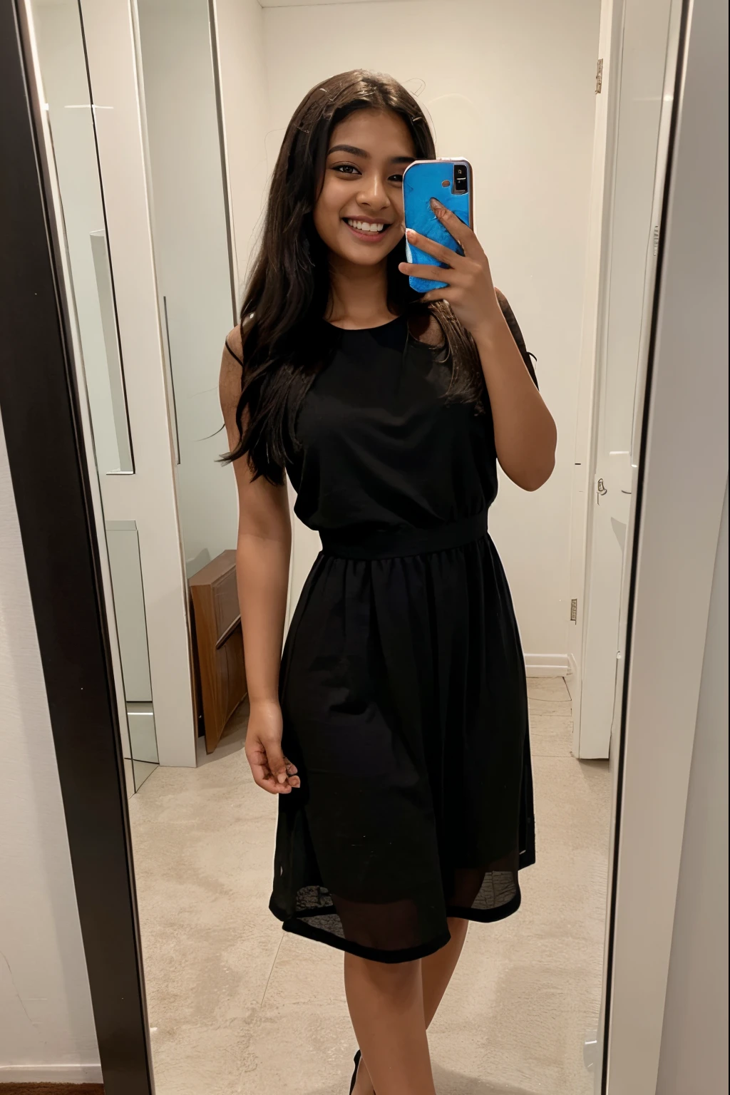 An Indian dusky girl, age of 24, laughing, wearing a black outfit, looking beautiful, black dress, mirror selfie, selfie from iPhone, selfie in front of a mirror, brown girl, dusky girl