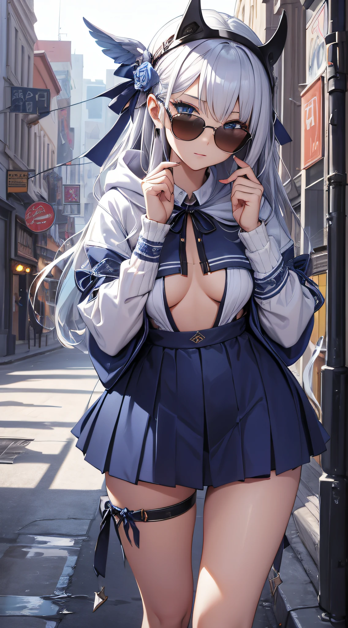 top-quality、Top image quality、​masterpiece、teens girl((White and blue open-chest hoodie、Black skirt、18year old、 Ager、Best Bust、big bast,Beautiful light blue eyes, Long silver hair、A slender,Large valleys、Reflecting the whole body、Leaning forward、put red sunglasses on your eyes、jumping pose、Excited face、Drunk,)),hiquality、Beautiful Art、Background with(( shopping street、))​masterpiece、depth of fields,