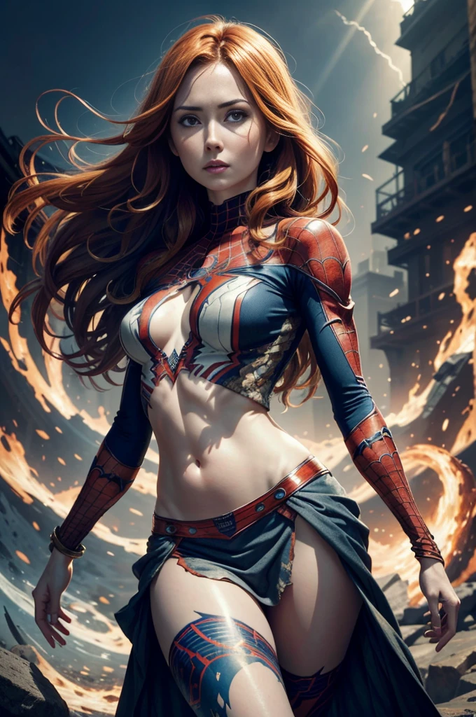 "Karen Gillan, showing her belly button, In New York, wearing a torn spiderman suit, Wearing a skirt, abstract photorealistic, artistic, Alphonse Mucha'Masterpieces of painting, Best Quality, High resolution:1.4), Detailed, Intricate details, 4K, color splashes, line-drawing, Fibonacci, hight resolution, Vibrant colors, with fantasy background, Female features'Flowing hair and dramatic light rays.."