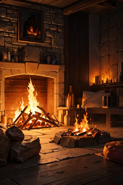 Fireplace with flames and logs in stone hearth on black background, fireplace, roar of fire, firey, campfire background, Research open rift portals in Hell, bathed in the the glow of a fire, fire and explosions, blazing fire, campfires, realistic fire sharp focus, a portal to the lost flame realm, campfires, with fire, fireplace