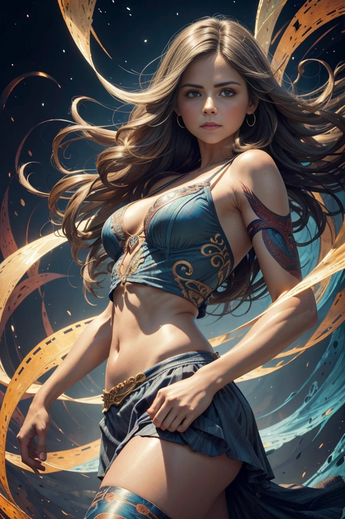 "Jenna Louise Coleman, showing her belly button, In New York, wearing a torn spiderman suit, Wearing a skirt, abstract photorealistic, artistic, Alphonse Mucha'Masterpieces of painting, Best Quality, High resolution:1.4), Detailed, Intricate details, 4K, color splashes, line-drawing, Fibonacci, hight resolution, Vibrant colors, with fantasy background, Female features'Flowing hair and dramatic light rays.."