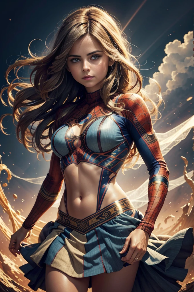 "Jenna Louise Coleman, showing her belly button, In New York, wearing a torn spiderman suit, Wearing a skirt, abstract photorealistic, artistic, Alphonse Mucha'Masterpieces of painting, Best Quality, High resolution:1.4), Detailed, Intricate details, 4K, color splashes, line-drawing, Fibonacci, hight resolution, Vibrant colors, with fantasy background, Female features'Flowing hair and dramatic light rays.."