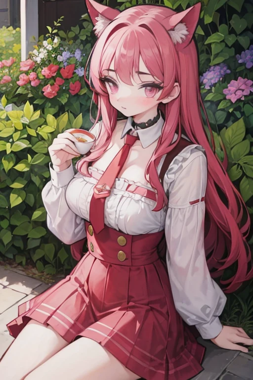 A red haired woman with red eyes is drinking tea with a pink haired woman with violet eyes in the garden