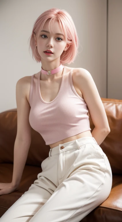 Best quality at best,tmasterpiece,超A high resolution,(realisticlying:1.4),8K, RAW photogr, A high resolution,1 girl,White tank top trousers,Khaki coat,Bust photo,Masterpiece details,Ribbon choker, Stay up late for nothing,light pink colored hair,Pink cloth