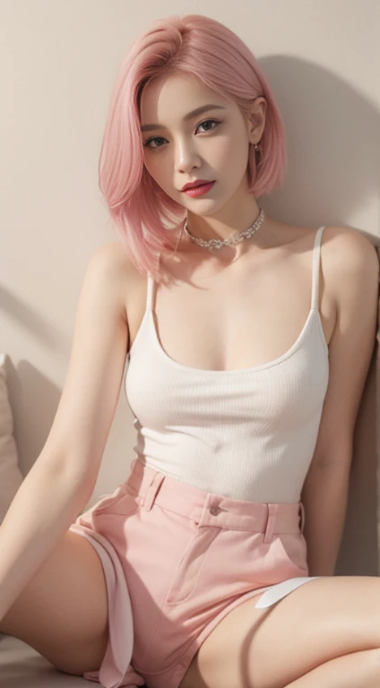 Best quality at best,tmasterpiece,超A high resolution,(realisticlying:1.4),8K, RAW photogr, A high resolution,1 girl,White tank top trousers,Khaki coat,Bust photo,Masterpiece details,Ribbon choker, Stay up late for nothing,light pink colored hair,Pink cloth