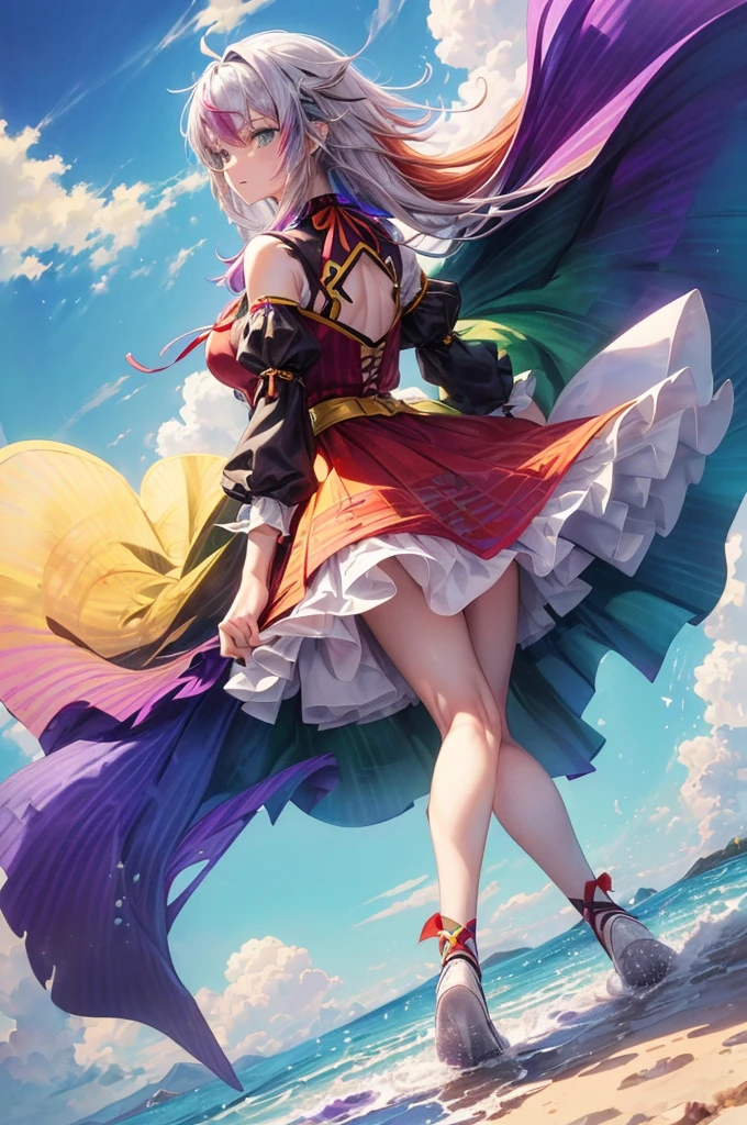 1.5),(1 girl),(Dynamic Pose),(multicolored hair+Silver hair:1.3+Red hair:1.2+Purple hair+Yellow hair:1.3+Green hair:1.3),(Blue eyes),(Neck ribbon),(floating),(cloud),(Too many drops of water),(Twilight),(watercolor paiting),(Wide Shot)