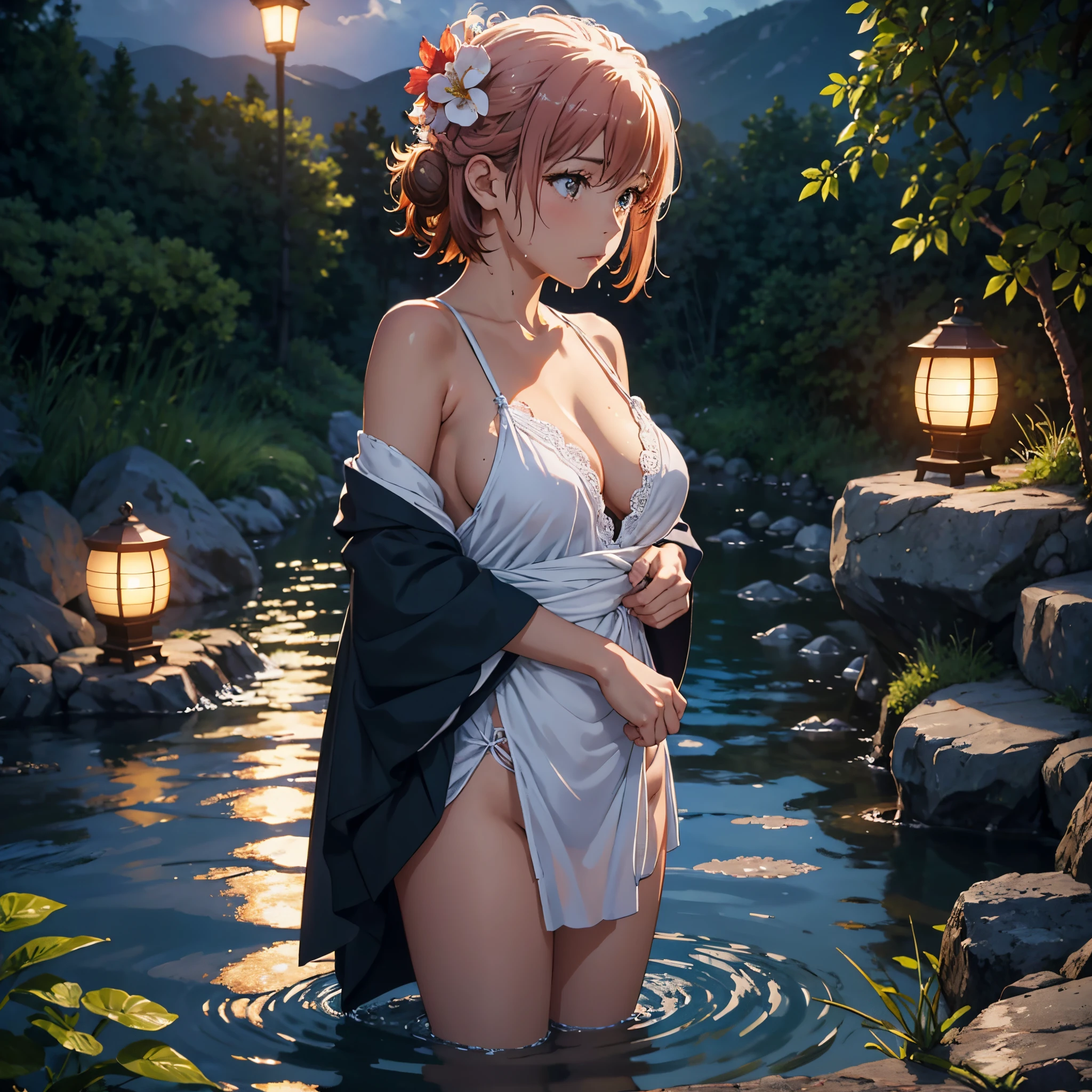 1girl, breasts, moon, lantern, night, solo, large breasts, hair ornament, wet, kimono, japanese clothes, wading, water, hair flower, flower, outdoors, sky, full moon, rain, off shoulder, mountain, cloud, holding, sash, bare shoulders,  lantern, standing, white full dress, night sky, sideboob, obi, wet clothes, bangs, tree, from side, reflection, short hair, cloudy sky, wet hair (((masterpiece),(extremely detailed CG unity 8k wallpaper),best quality,,solo,1girl,cinematic lighting,detailed background,beautiful detailed eyes,bright pupils, (an extremely delicate and beautiful),(Beautiful and detailed eye description)， ultra-detailed,masterpiece,)),