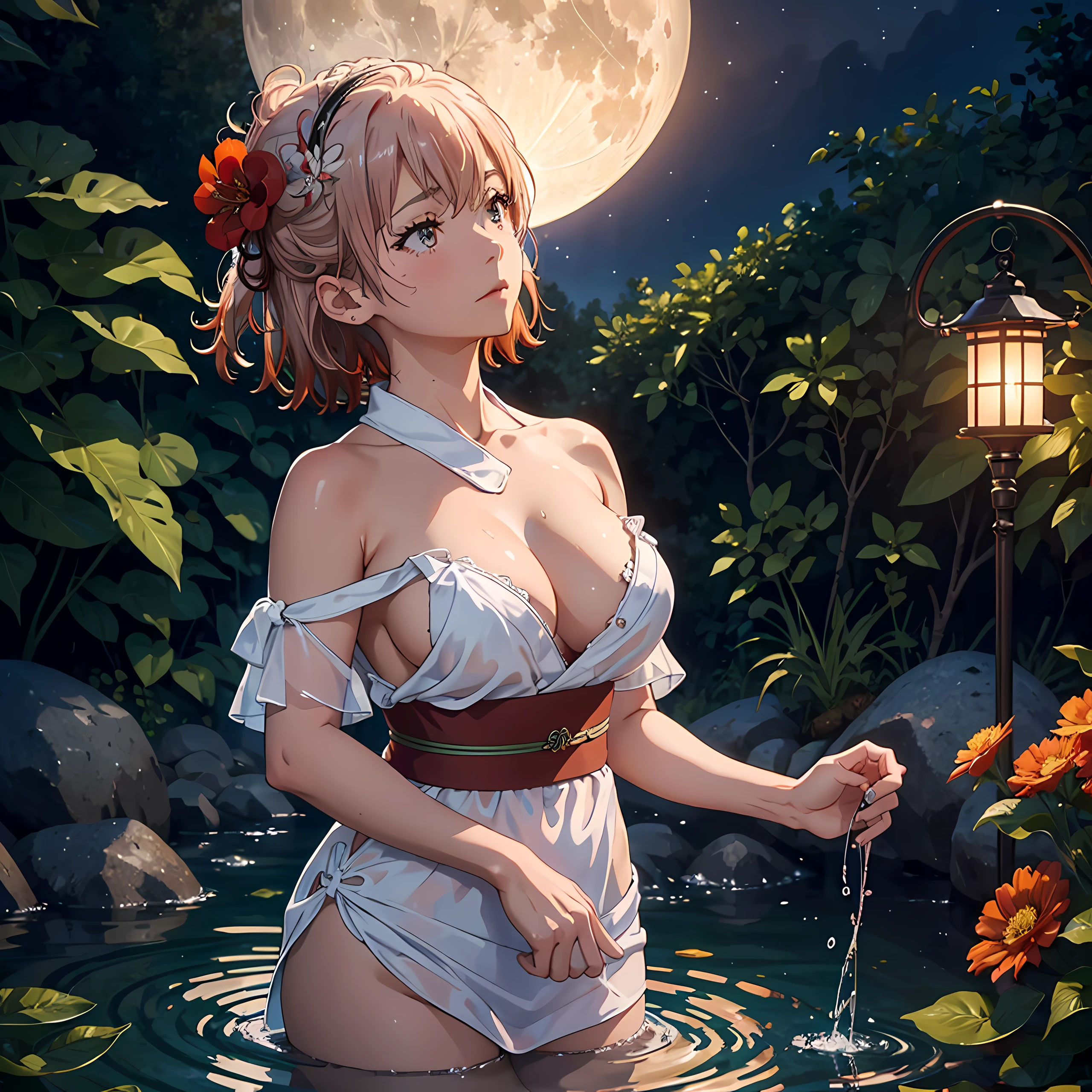 1girl, breasts, moon, lantern, night, solo, large breasts, hair ornament, wet, kimono, japanese clothes, wading, water, hair flower, flower, outdoors, sky, full moon, rain, off shoulder, mountain, cloud, holding, sash, bare shoulders, lantern, standing, white full dress, night sky, sideboob, obi, wet clothes, bangs, tree, from side, reflection, short hair, cloudy sky, wet hair (((masterpiece),(extremely detailed CG unity 8k wallpaper),best quality,,solo,1girl,cinematic lighting,detailed background,beautiful detailed eyes,bright pupils, (an extremely delicate and beautiful),(Beautiful and detailed eye description), ultra-detailed,masterpiece,)),