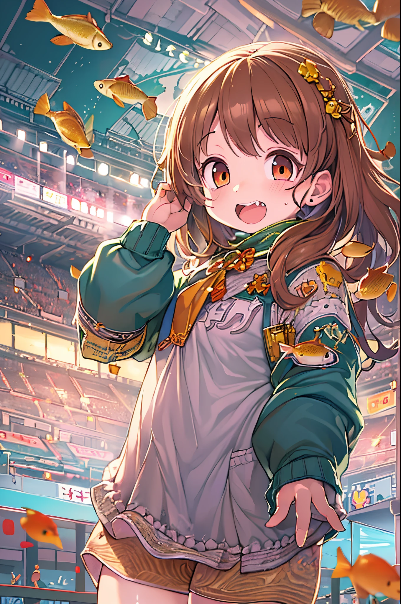 (masutepiece:1.4), (Best Quality:1.4), Extremely detailed, Convoluted, Hyper Detailed, (Perfect face), Illustration,Soft lighting, Scenic, 1girl in, Happy, bright reddish-brown hair, Colorful, colorized, from a_Below ,Fish_The costume , Stadium