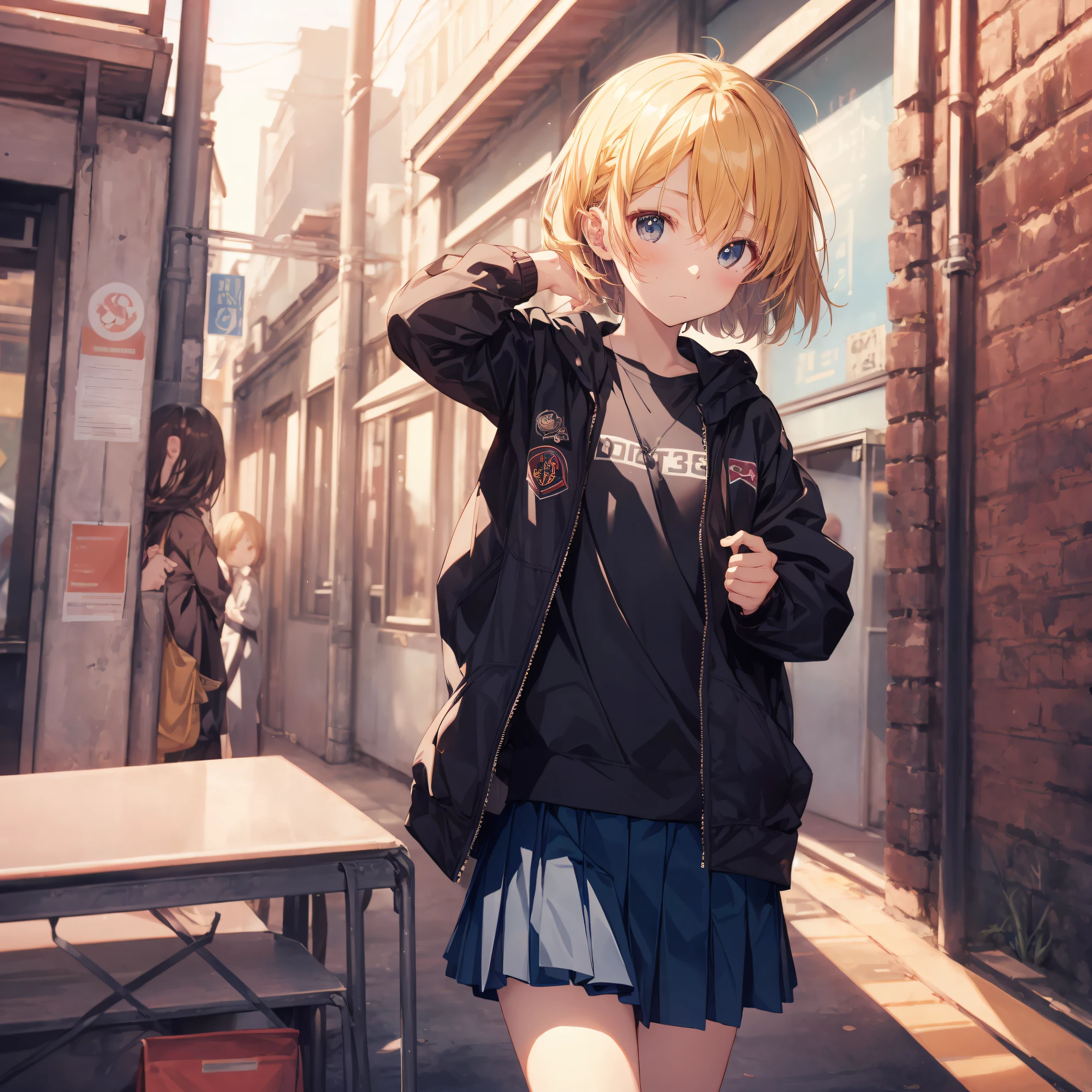 Top quality by creator God, Ultra-detailed, anime moe art style,Best Anime 8K Konachan Wallpapers,Pixiv Contest Winner,Perfect Anatomy, BREAK,(Draw a girl sleepily walking to school. ),BREAK, One girl is a slender beautiful girl, (Solo,Lori,child,13years:1.3),a junior high school student, Androgynous attraction, (Very short hair), hair messy, Full limbs, complete fingers,flat chest, Small butt, groin, Small eyes,Beautiful detailed black eyes,Well-proportioned iris and pupils, School uniform, Skirt,On the way to school. BREAK,High resolution,super detailed skin, The best lighting by professional artists, 8K, Illustration,