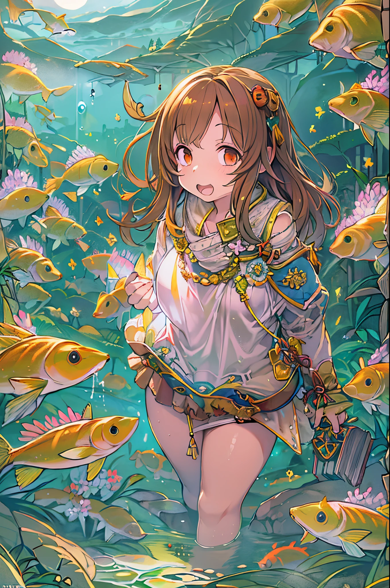 (masutepiece:1.4), (Best Quality:1.4), Extremely detailed, Convoluted, Hyper Detailed, (Perfect face), Illustration,Soft lighting, Scenic, 1girl in, Happy, bright reddish-brown hair, Colorful, colorized, from a_Below ,Fish_The costume , Stadium