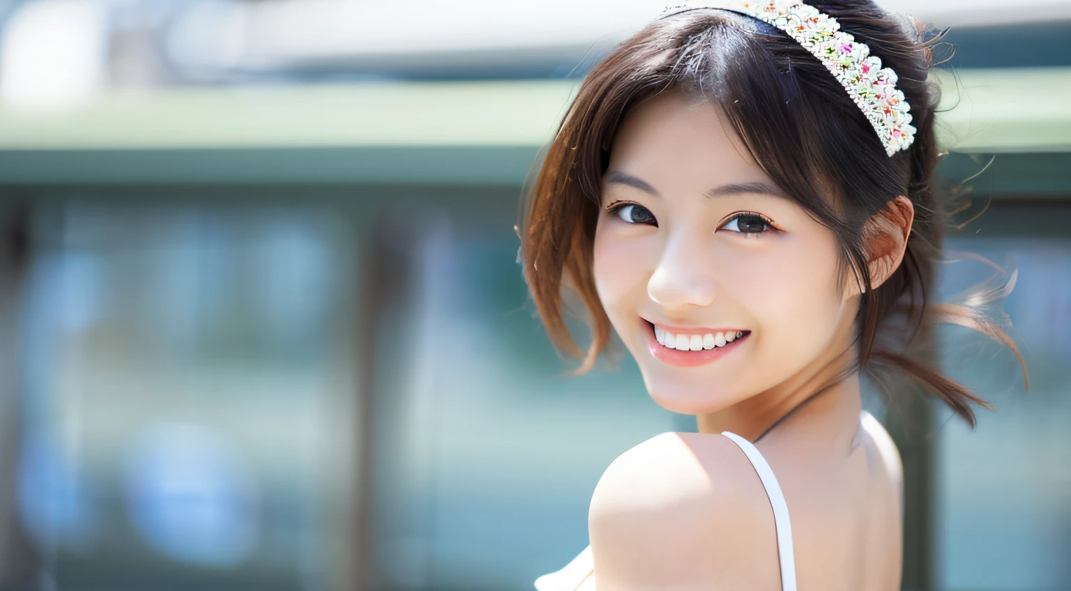 A Japanese Lady、ren、Beautie、Beautiful skin、年轻、Beautiful skin、A smile、Simple background、Woman in white camisole、lovely、Simple woman、Beautiful eyes、
