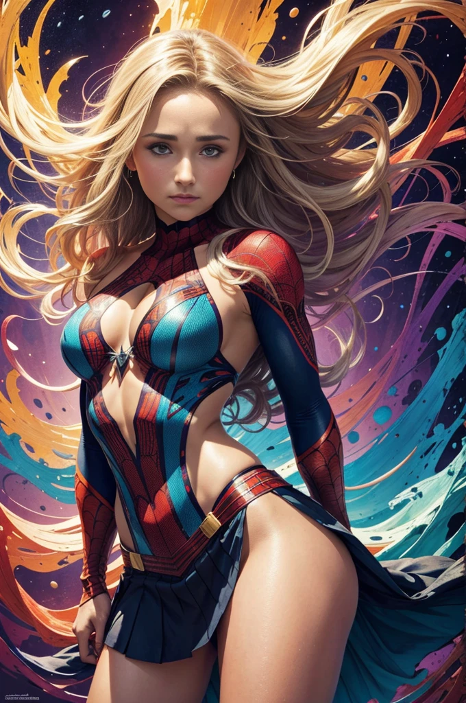 "Hayden Panettiere, showing her belly button, In New York, wearing a torn spiderman suit, Wearing a skirt, abstract photorealistic, artistic, Alphonse Mucha'Masterpieces of painting, Best Quality, High resolution:1.4), Detailed, Intricate details, 4K, color splashes, line-drawing, Fibonacci, hight resolution, Vibrant colors, with fantasy background, Female features'Flowing hair and dramatic light rays.."