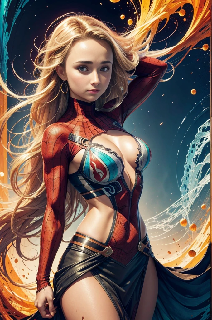 "Hayden Panettiere, showing her belly button, In New York, wearing a torn spiderman suit, Wearing a skirt, abstract photorealistic, artistic, Alphonse Mucha'Masterpieces of painting, Best Quality, High resolution:1.4), Detailed, Intricate details, 4K, color splashes, line-drawing, Fibonacci, hight resolution, Vibrant colors, with fantasy background, Female features'Flowing hair and dramatic light rays.."