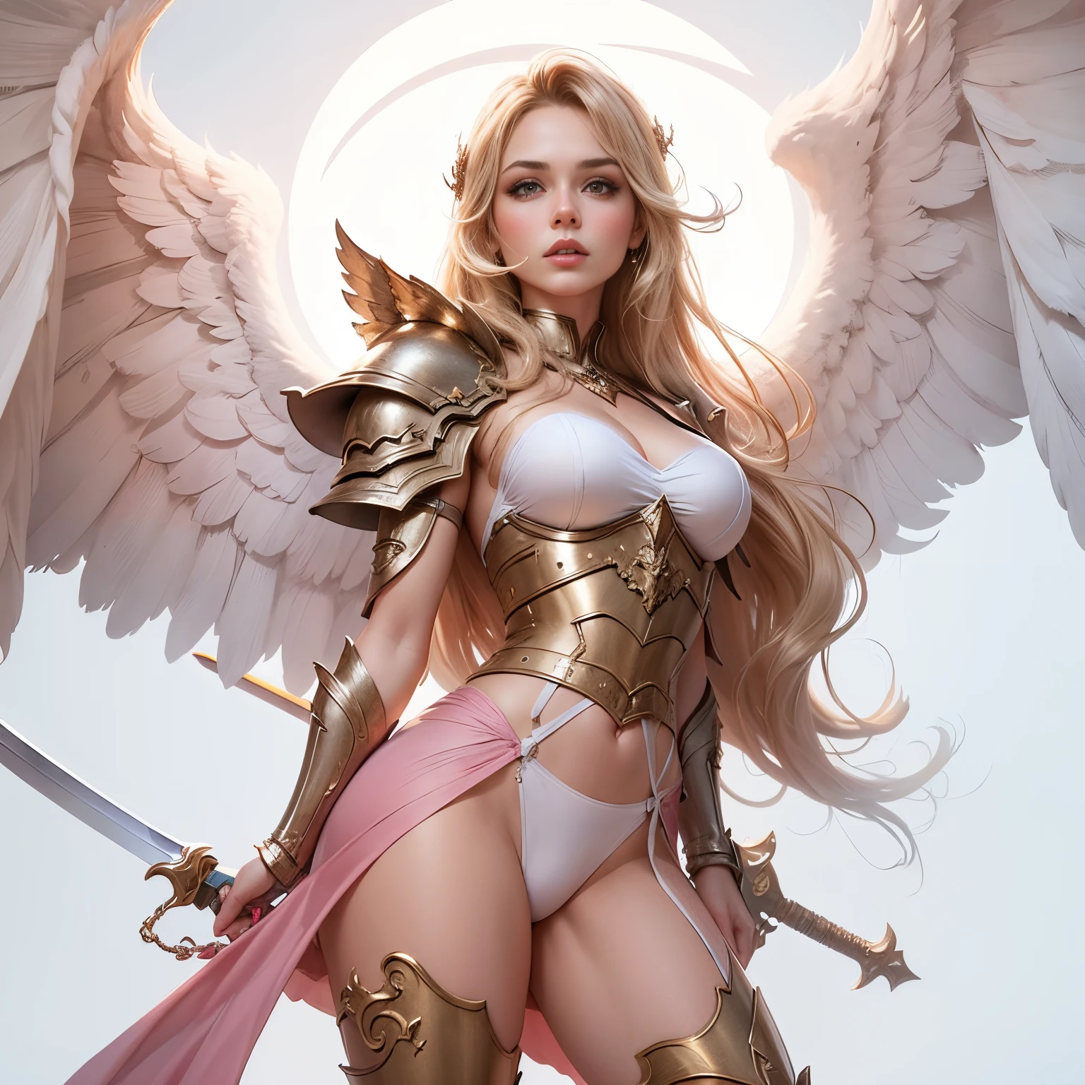 there is a woman with a sword and a big angel, menina do cavaleiro do anjo, angel in plastic armor, RossDraw pintura digital, Rossdraw 2. 5, Artgerm e RossDrew, Rossdraw 1. 0, Artgerm extremamente detalhado, Wlop Ross, rossdraws global illumination, Rossdraw 2. 0, :: Ross