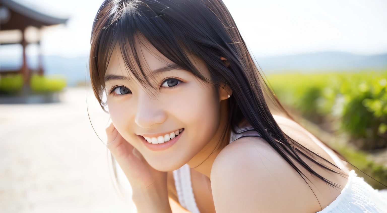 A Japanese Lady、ren、Beautie、Beautiful skin、年轻、Beautiful skin、A smile、Simple background、Woman in white camisole、lovely、Simple woman、Beautiful eyes、
