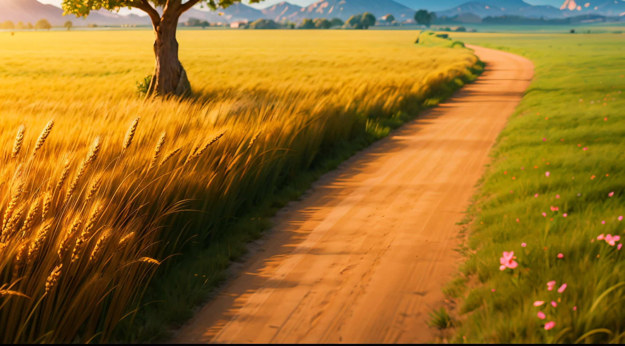 (a dirt road,deep into the image),(a wheat field that has a tree with green leaves ,left),(a meadow with various colorful flowers,right),Cris
Clear,Detailed,Precise,Focused(Pixar Disney style),(RenderMan),(Artstation) meadow,beautiful detailed flowers,vivid colors,Fujifilm, lens flare, bloom, masterpiece, super detail, best quality, high details, ccurate, high quality, highres, UHD, 16k, 8k, 4K, 1080P, HD