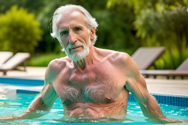 John Glover, An elder with a long beard and white hair, with a serene face wrinkles, looking producing, body older weak, skinny bones hairy, body naked, his shirt was open to reveal his stomach wrinkles older hairy weak and chest, arms legs neck hands feet skinny old and weak, shy and blushed, Lying in swimming pool , body posing gay bottom as wish to fuck him, water lily,master-piece,4K images,beste-Qualit