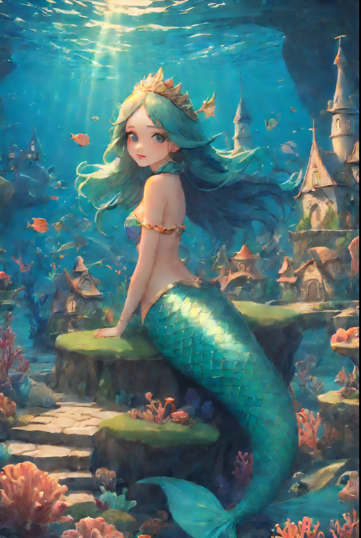 Fairy Tale Village，ocean floor，Beautiful mermaid princess