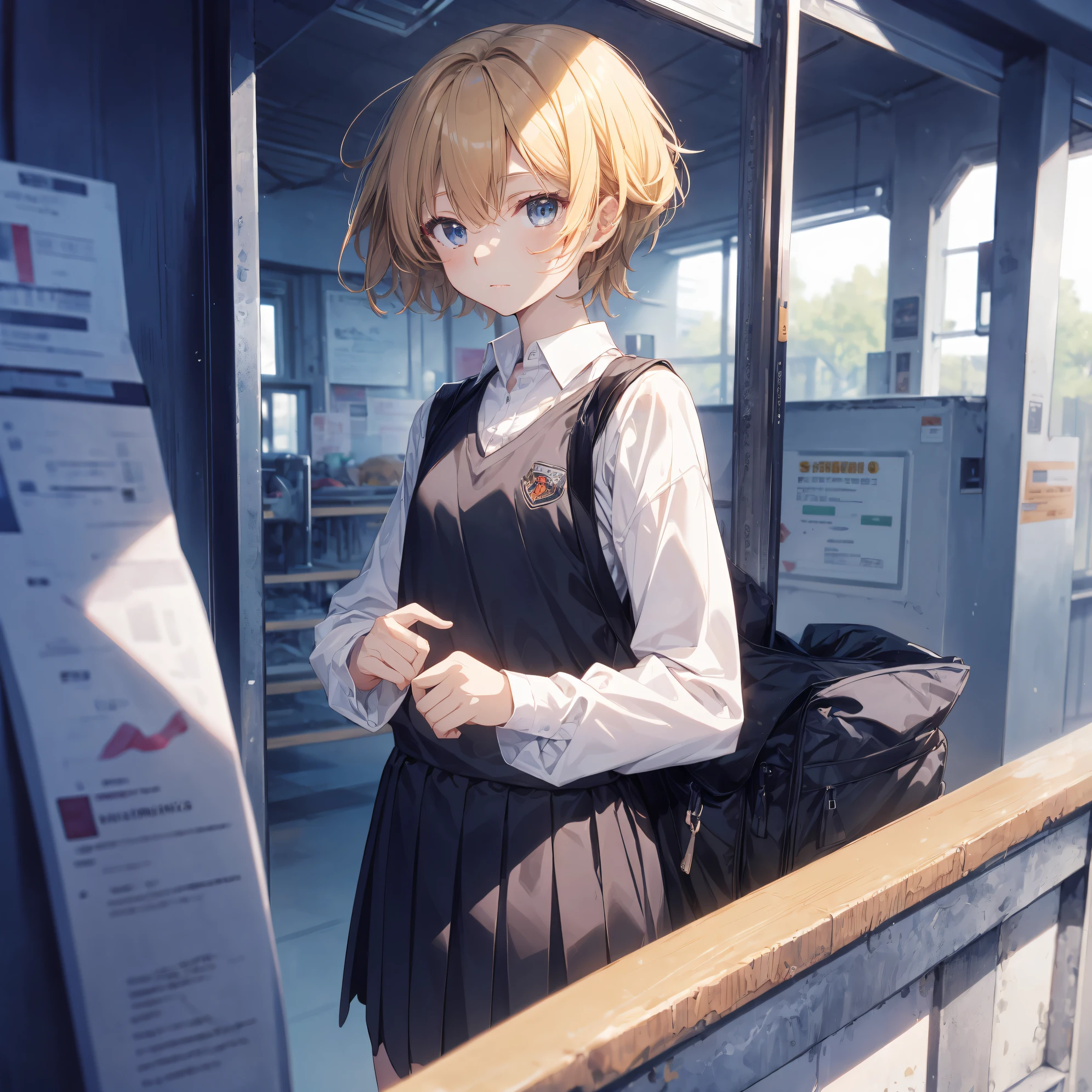 Top quality by creator God, Ultra-detailed, anime moe art style,Best Anime 8K Konachan Wallpapers,Pixiv Contest Winner,Perfect Anatomy, BREAK,(Draw a girl sleepily walking to school. ),BREAK, One girl is a slender beautiful girl, (Solo,Lori,child,13years:1.3),a junior high school student, Androgynous attraction, (Very short hair), hair messy, Full limbs, complete fingers,flat chest, Small butt, groin, Small eyes,Beautiful detailed black eyes,Well-proportioned iris and pupils, School uniform, Skirt,On the way to school. BREAK,High resolution,super detailed skin, The best lighting by professional artists, 8K, Illustration,