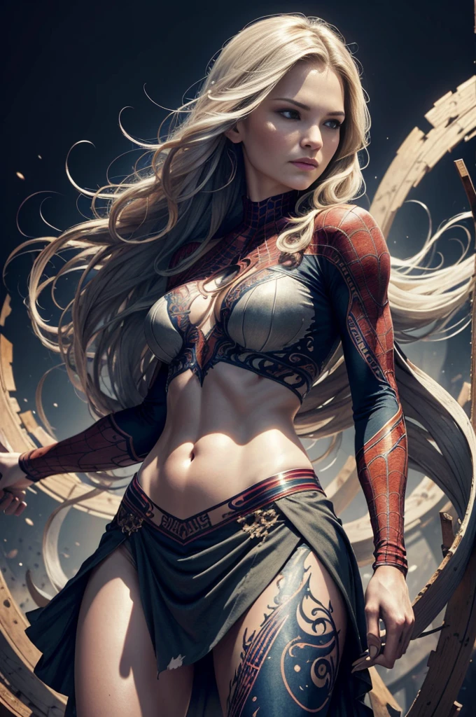 Yvonne Strahovski、Sticking out the navel、newyork、She wears a torn Spider-Man suit,wearing skirt、abstract photorealistic、artistic、Alphonse Mucha's painting(masterpiece、top-quality、hight resolution:1.4)、detaileds、複雑なdetaileds、4K、color splashes、line-drawing、Fibonacci、