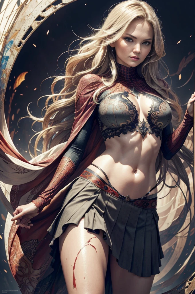 "Jennifer Morrison, showing her belly button, In New York, wearing a torn spiderman suit, Wearing a skirt, abstract photorealistic, artistic, Alphonse Mucha'Masterpieces of painting, Best Quality, High resolution:1.4), Detailed, Intricate details, 4K, color splashes, line-drawing, Fibonacci, hight resolution, Vibrant colors, with fantasy background, Female features'Flowing hair and dramatic light rays.."