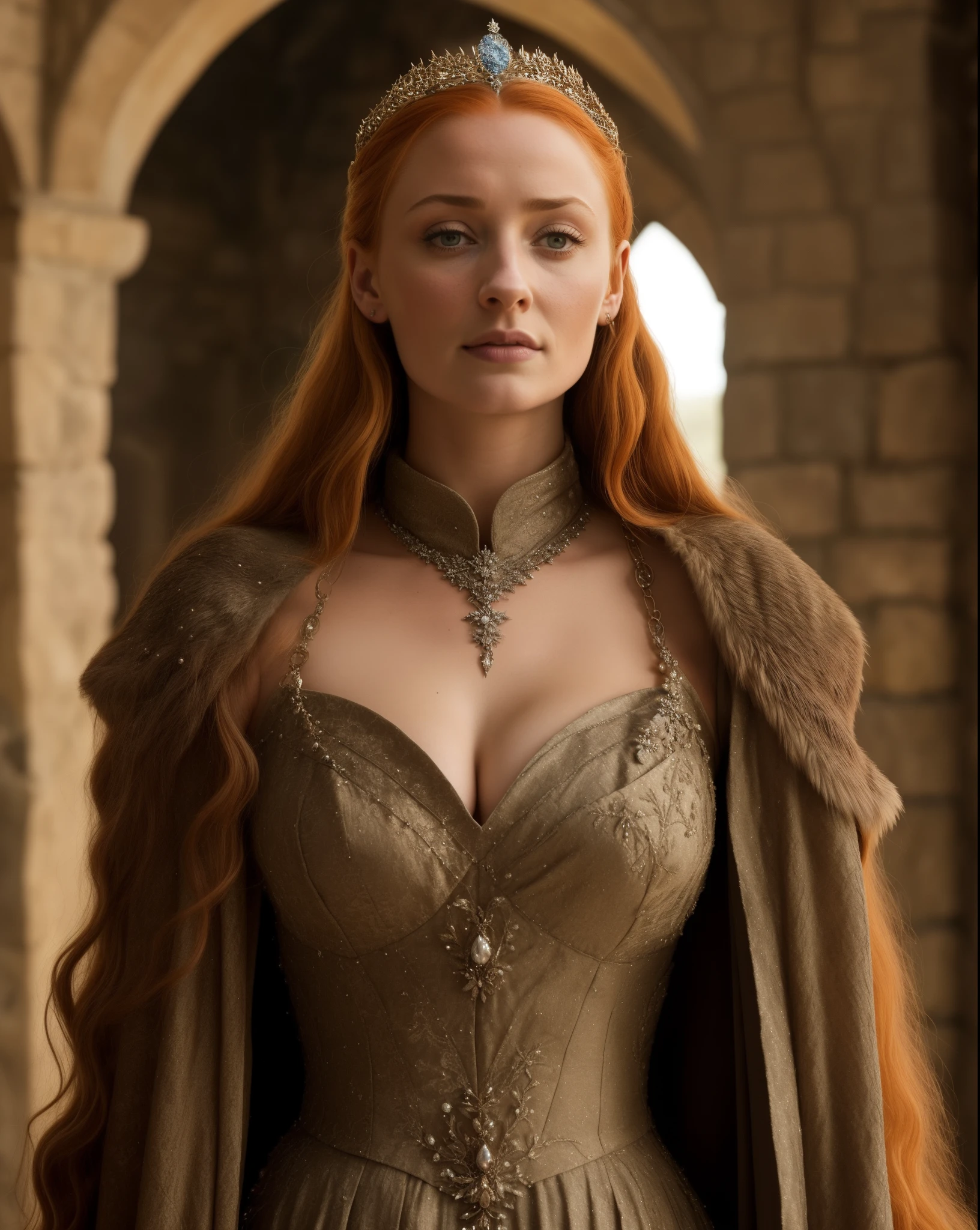 Masterpiece, Alayne Stone, Gorgeous Woman, Queen, queen lady, Lady of Winterfell, Wardeness of the North, and Sansa Stark, the de facto Lady of the Eyrie, 40 years Old, she  a Full growned mature lady now, beautiful mature lady, the queen, milf beauty, mature queen, Best quality, a small, perfectly visible mole on her breast, a captivating woman, beautiful queen, empress, mediaeval queen, alluring appearance, unrivaled beauty, wonderful breasts, large breasts, mediaeval erotic costumes, a Game of Thrones-inspired costume, a close-up of a woman from the middle ages, sansa stark, sansa, resembles sophie turner, sophie turner, scene from "Game of Throne," deep cleavage, warrior princess, healthy body, perfect thick body, attractive figure, fleshy body, style of "Game of Throne," beautiful lady, beautiful woman, stunning woman, 8K, insane details, dress made of clothes and jewelry, round face,