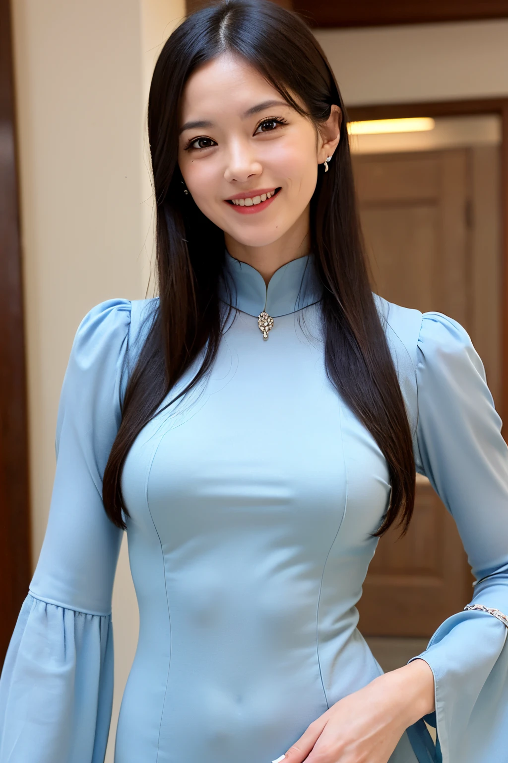 (masutepiece:1.4), High Definition,(High quality:1.4),(60-year-old woman:1.4),(wrinkles on the face:1.4),Beautie,(Sheath dress mini length:1.4), Puffy sleeves,Big breasts,Smile,