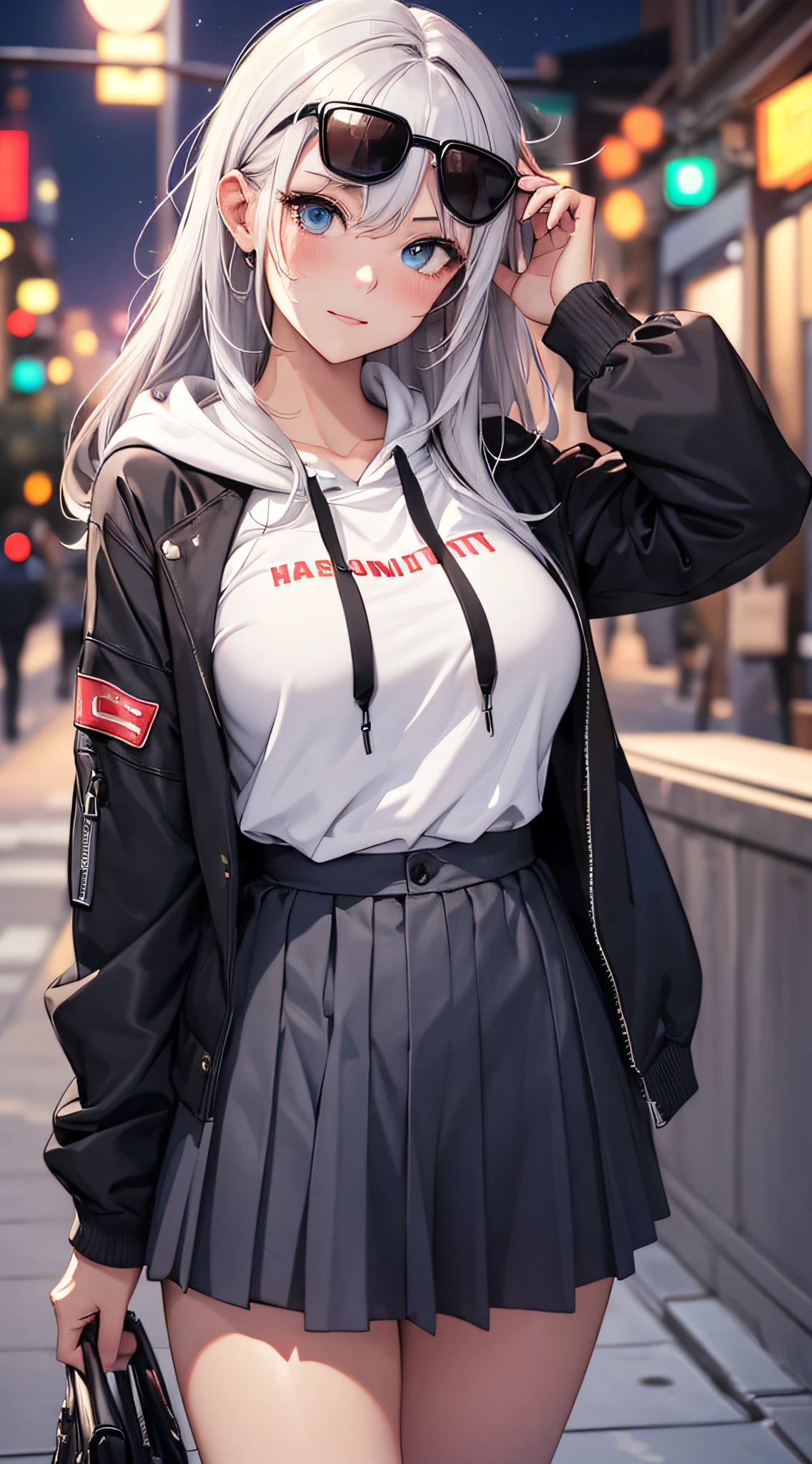 top-quality、Top image quality、​masterpiece、teens girl((White and blue open-chest hoodie、Black skirt、18year old、 Ager、Best Bust、big bast,Beautiful light blue eyes, Long silver hair、A slender,Large valleys、Reflecting the whole body、Leaning forward、put red sunglasses on your eyes、jumping pose、Excited face、Drunk,Red face、Let loose、Blunt pose)),hiquality、Beautiful Art、Background with((Night Bar、))​masterpiece、depth of fields,