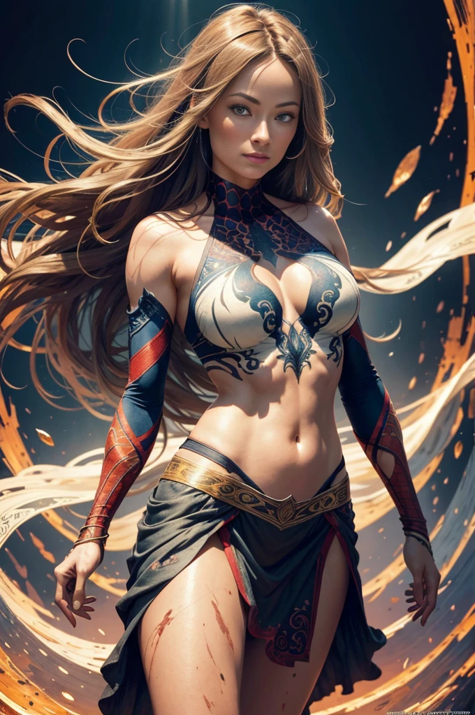 "Olivia Wilde, showing her belly button, In New York, wearing a torn spiderman suit, Wearing a skirt, abstract photorealistic, artistic, Alphonse Mucha'Masterpieces of painting, Best Quality, High resolution:1.4), Detailed, Intricate details, 4K, color splashes, line-drawing, Fibonacci, hight resolution, Vibrant colors, with fantasy background, Female features'Flowing hair and dramatic light rays.."