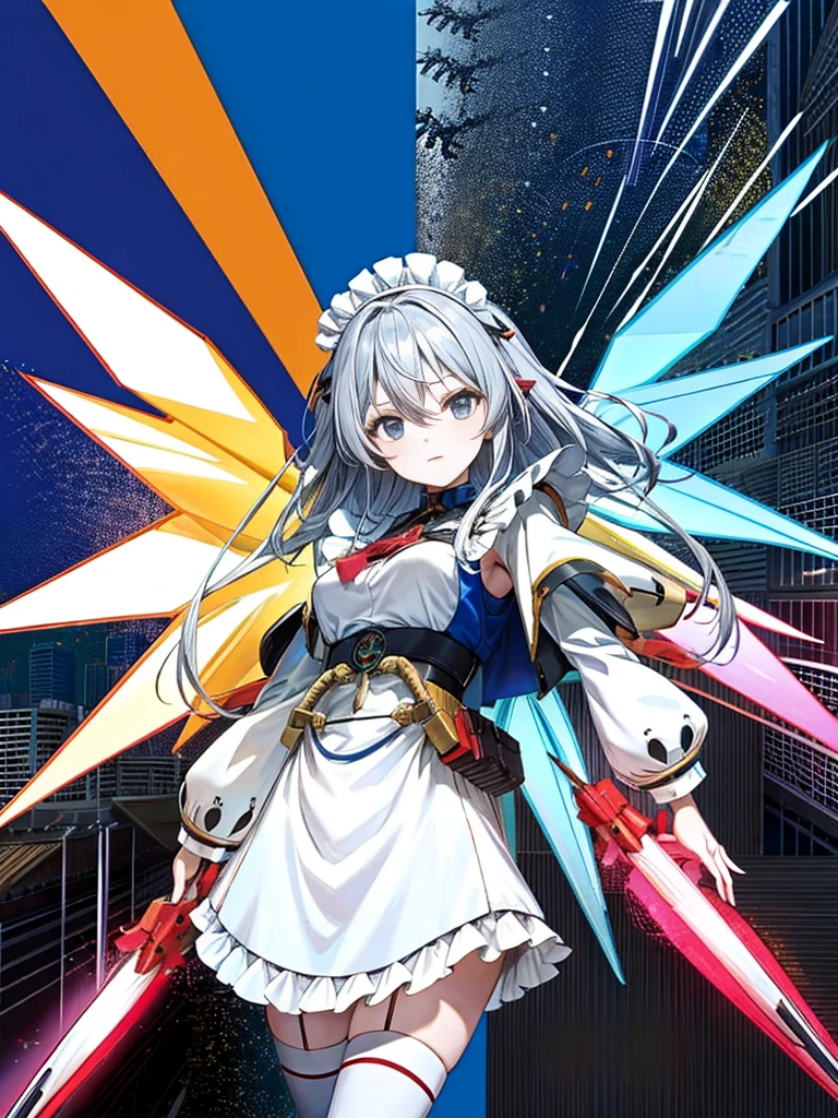 top-quality、ighly detailed、masterpiece、ultra-detailliert、illustratio、((1girl in))、silber hair、length hair、Floating hair、、Cyber City、Neon building、(The upper part of the body:1.05)、extremely_Detailed_Eyes_And_Face,cybernetic wings mechanical wings、Random posture、Skyscraper、、Mechumusume、shrine maiden clothe,maid clothes、Random angles、anime styled,cowboy shot