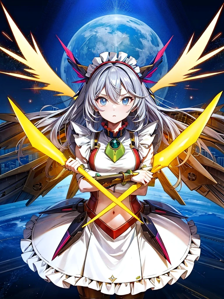 top-quality、ighly detailed、masterpiece、ultra-detailliert、illustratio、((1girl in))、silber hair、length hair、Floating hair、、Cyber City、Neon building、(The upper part of the body:1.05)、extremely_Detailed_Eyes_And_Face,cybernetic wings mechanical wings、Random posture、Skyscraper、、Mechumusume、shrine maiden clothe,maid clothes、Random angles、anime styled,cowboy shot