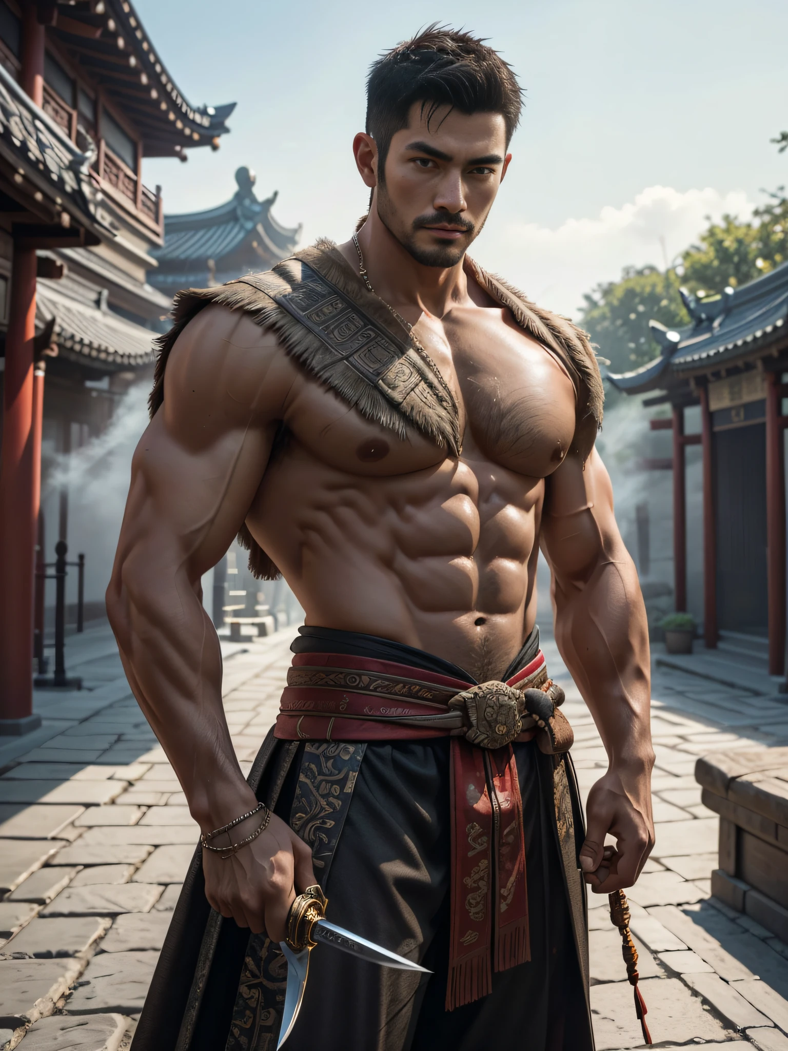 A man in a warrior outfit holding a sword and a sword - SeaArt AI