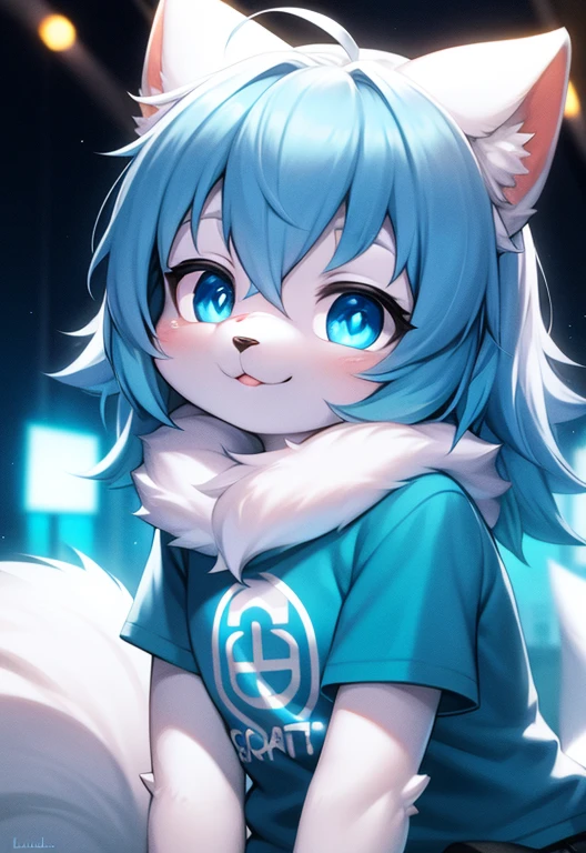 Furry, White fur, hyper cute face, fur blue elements, bright t-shirt, Beautiful lights and shadows, ambient lights, ultra-detailed hair, Volumetric Lights