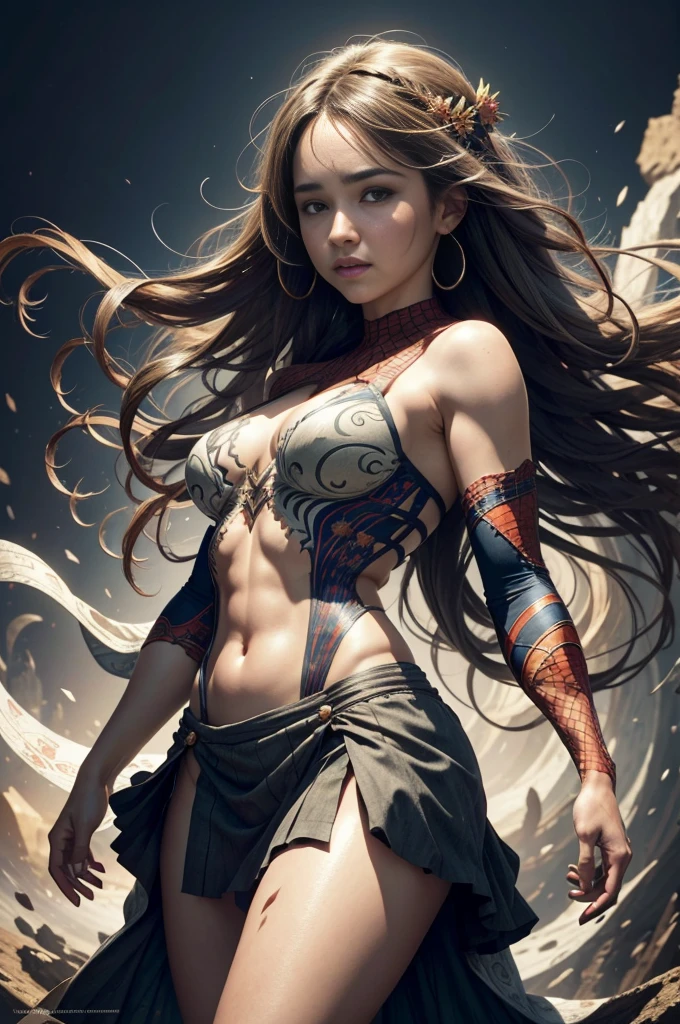 "Emilia Clark, showing her belly button, In New York, wearing a torn spiderman suit, Wearing a skirt, abstract photorealistic, artistic, Alphonse Mucha'Masterpieces of painting, Best Quality, High resolution:1.4), Detailed, Intricate details, 4K, color splashes, line-drawing, Fibonacci, hight resolution, Vibrant colors, with fantasy background, Female features'Flowing hair and dramatic light rays.."