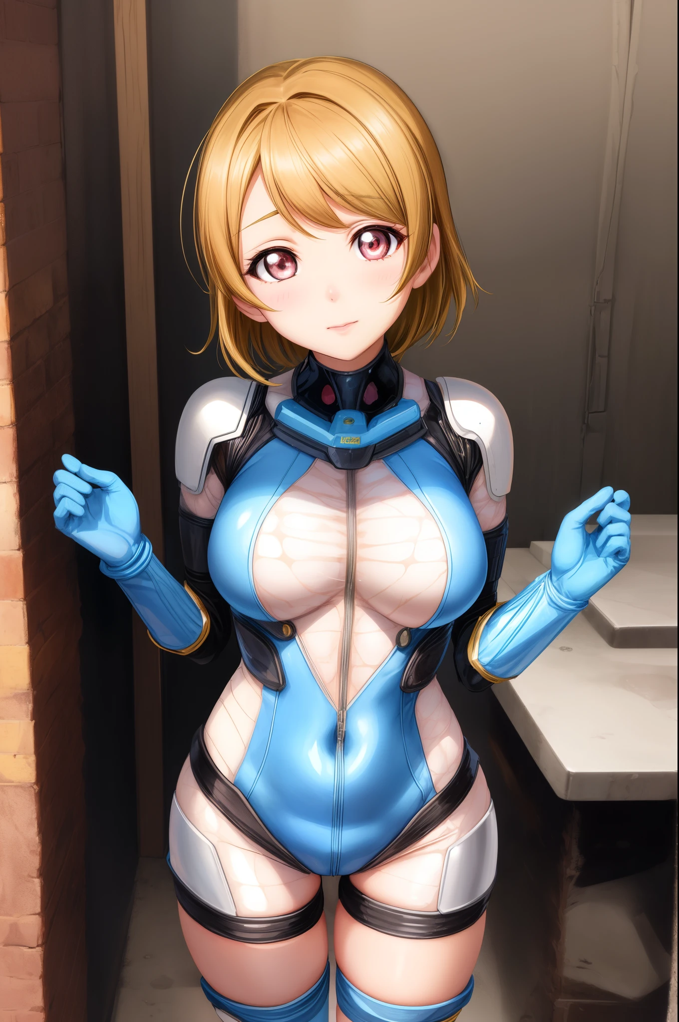 Koizumi hanayo, bangs, beautiful, beautiful woman, perfect body, standing,beautiful female model,facial details,(sedative:1.2),glowing eyes,detailed body part details,looking at viewer,arrogant,(bodysuit:1.2), breast armor,knee pads