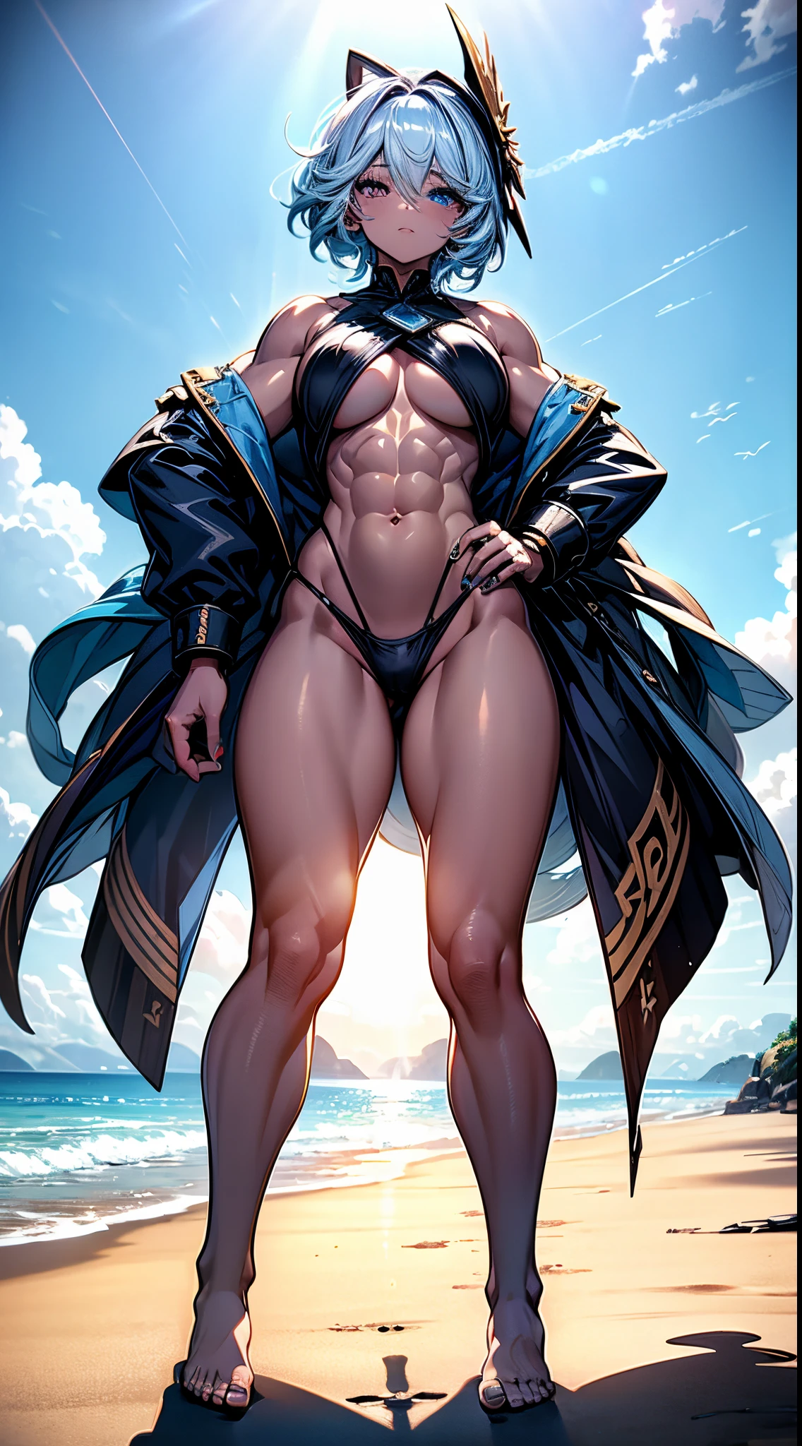 Furina from Genshin Impact), 1 girl, standing (on the beach), blue painted nails, {{{thong bikini}}}, (((muscular legs))), (((showing her big ass to me))), muscular belly, standing, bare foot, (full body photo), (short hair), medium breasts, eye reflection, elongated eyes, elongated eyes, bad mood, anime, anime style, Cinematic lighting , shine, JPEG artifacts, bright light, divine rays, ray tracing, panorama, canon, UHD, master piece, textured skin, Super Detail, High details, best quality, very high resolution, 16k