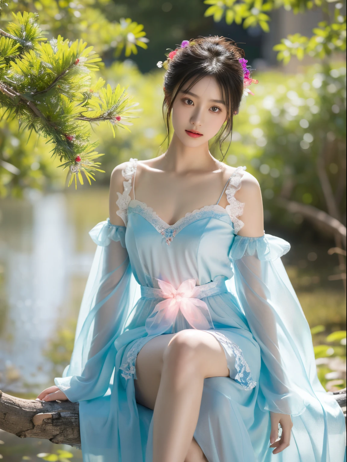 teens girl、A smile、cute little、(top-quality)、(realisitic、Photorealsitic:1.3)、See-through lace、ultra-detailliert、cleavage of the breast、thighs thighs thighs thighs、A dark-haired、Longhaire、dynamic ungle、world masterpiece theater、Messy_long_hair、top-quality、Very detailed 8k wallpaper、magnifica、电影灯光、lens_f lare、dunhuang_Style
