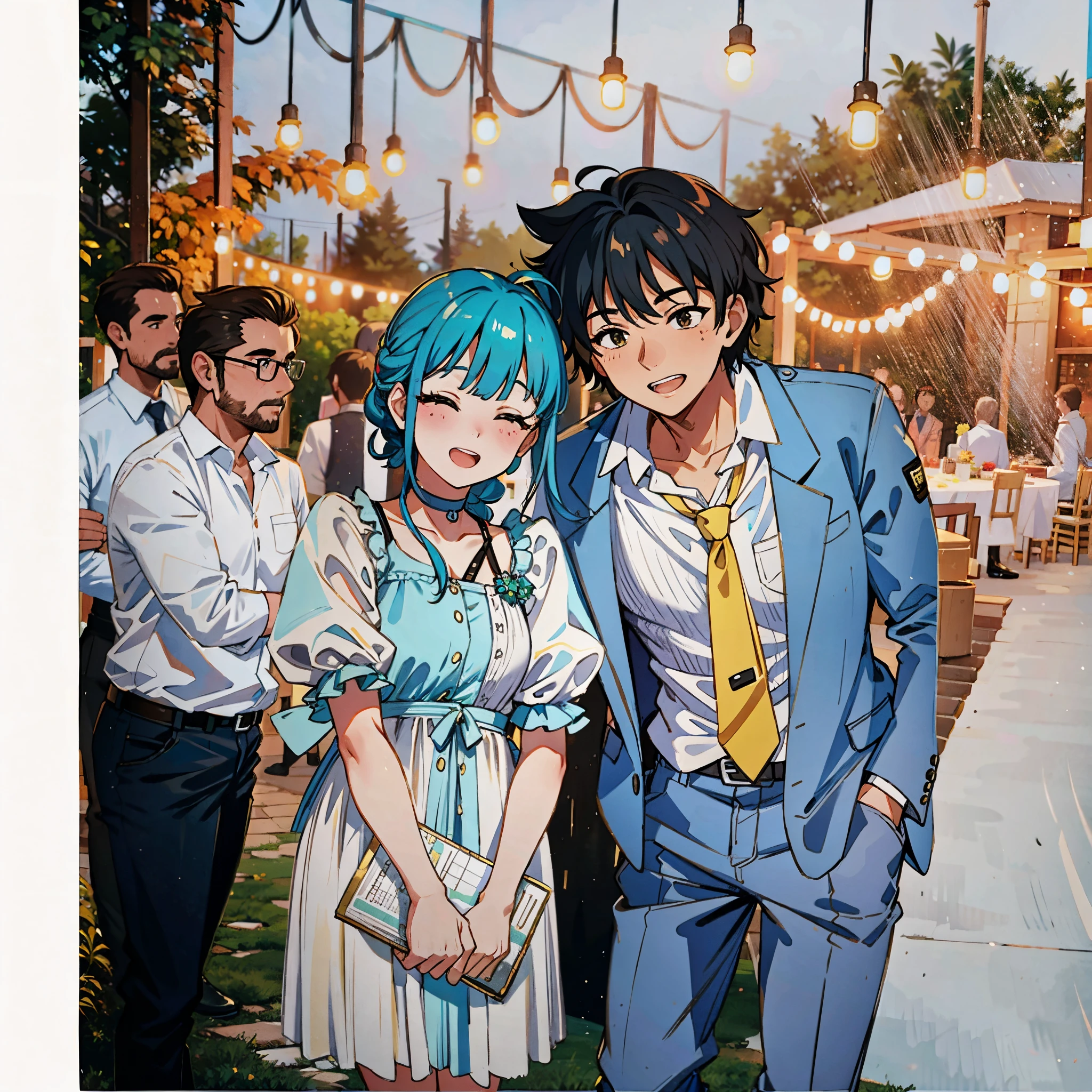 (master part),(best quality:1.0), (Ultra Highres:1.0), Detailed illustration, 8k, romantic couple posing for photo at garden party