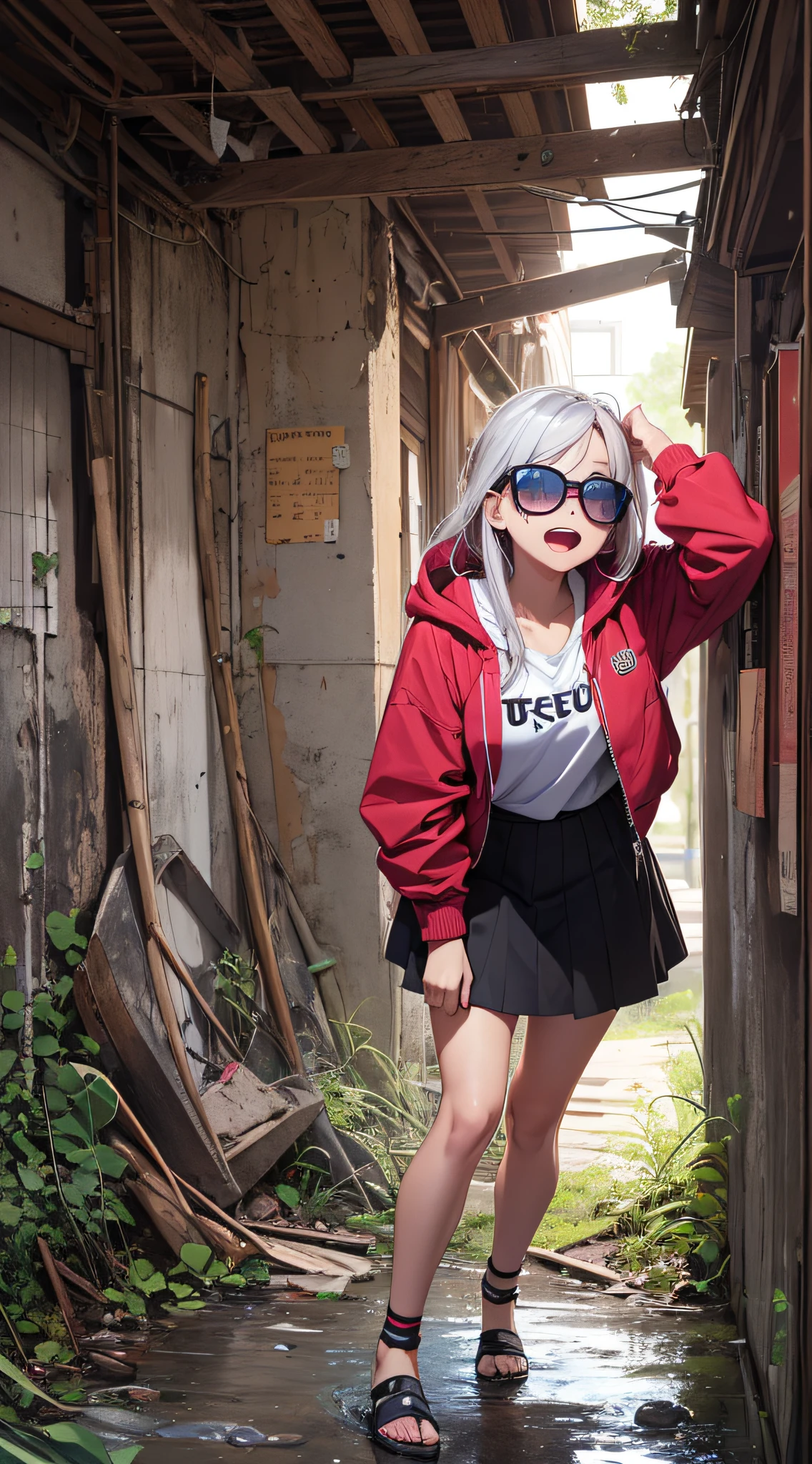 top-quality、Top image quality、​masterpiece、teens girl((White and blue open-chest hoodie、Black skirt、18year old、 Ager、Best Bust、big bast,Beautiful light blue eyes, Long silver hair、A slender,Large valleys、Reflecting the whole body、Leaning forward、put red sunglasses on your eyes、jumping pose、Excited face、Drunk,Red face、Staggered foot、listless、lean against the wall)),hiquality、Beautiful Art、Background with((Ruins))​masterpiece、depth of fields,